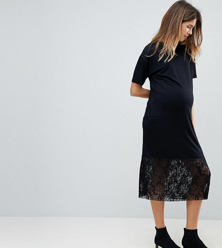 Asos Maternity Midi T-shirt Dress With Pleated Lace Hem - Black