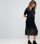 Asos Maternity Midi T-shirt Dress With Pleated Lace Hem - Black