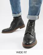 Dune Wide Fit Brogue Boots In Black Leather - Black