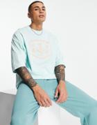 Asos Design Oversized T-shirt In Pastel Blue With Front Text & Snake Print-green