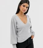 Asos Design Tall V Neck Sweater With Blouson Sleeve - Gray