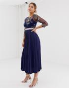 Little Mistress Embroidered Top Midi Dress In Navy - Navy
