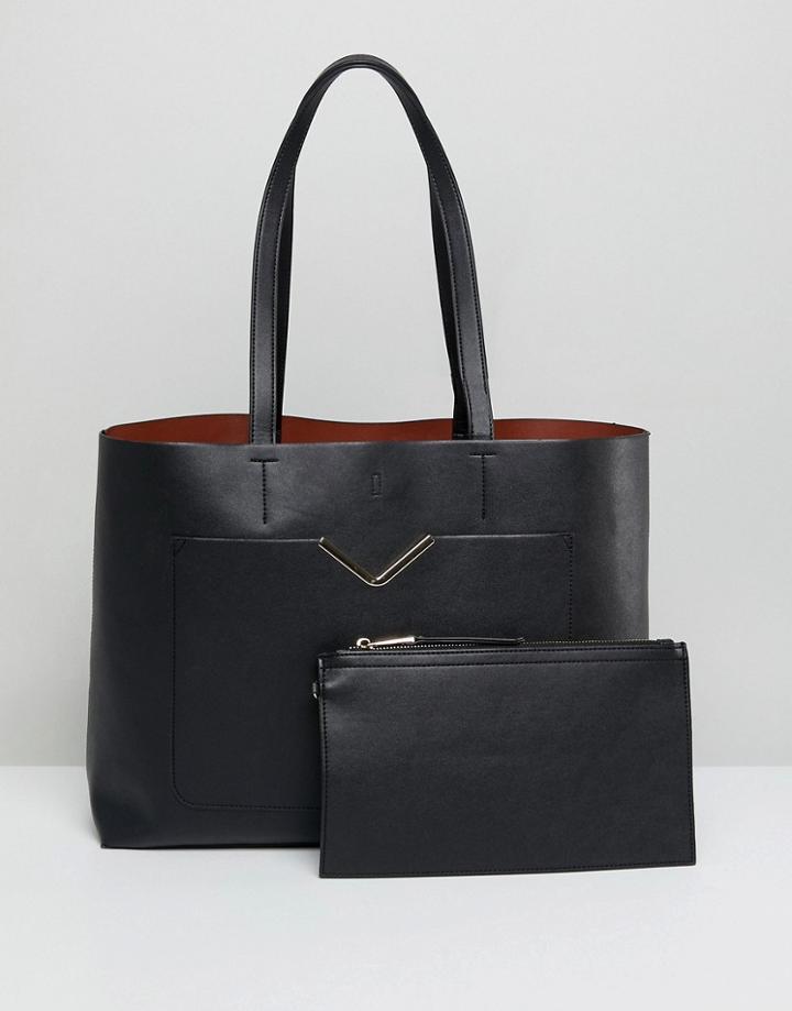Asos Design Hardware Pocket Shopper With Removable Clutch Bag-black