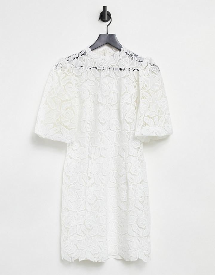 Ever New Puff Sleeve High Neck Lace Mini Shift Dress In Ivory-white