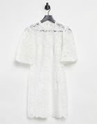 Ever New Puff Sleeve High Neck Lace Mini Shift Dress In Ivory-white