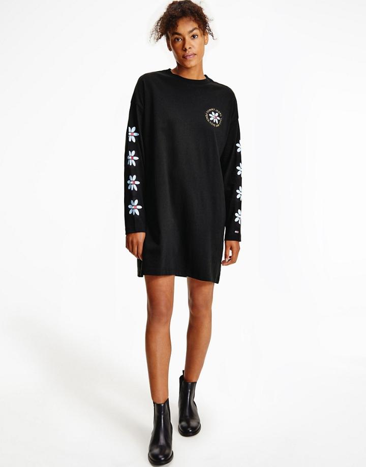 Tommy Jeans Logo Long Sleeve Dress In Black