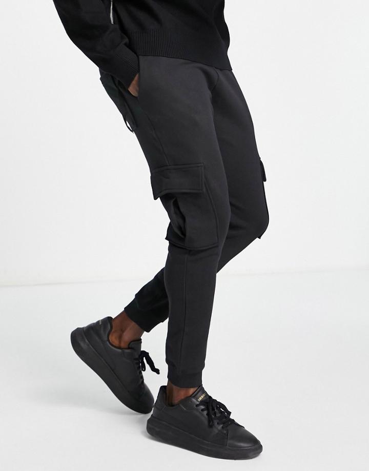 Selected Homme Cotton Blend Slim Fit Jersey Cargo Sweatpants In Black - Black
