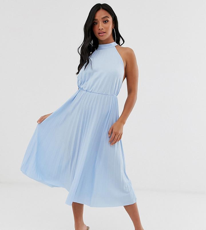 Asos Design Petite Halter Pleated Waisted Midi Dress - Blue