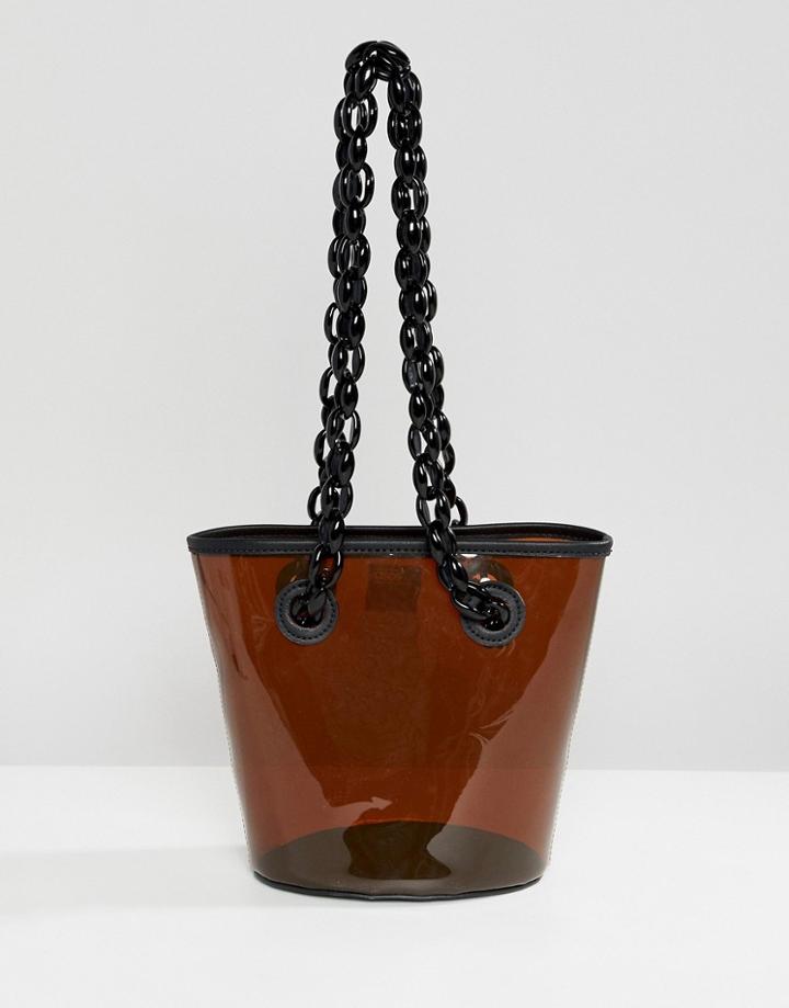 Asos Design Plastic Bucket Bag With Contrast Chain Handle - Brown