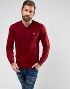 Abercrombie & Fitch V-neck Sweater Fine Gauge Logo In Burgundy - Red