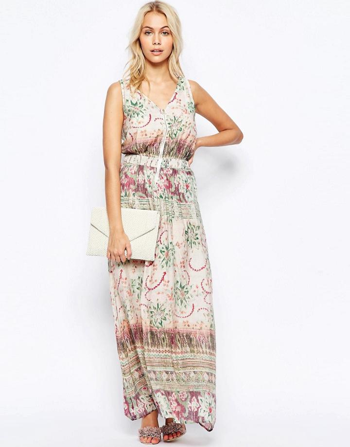 See U Soon Zip Front Maxi Dress In Washed Out Print - Green