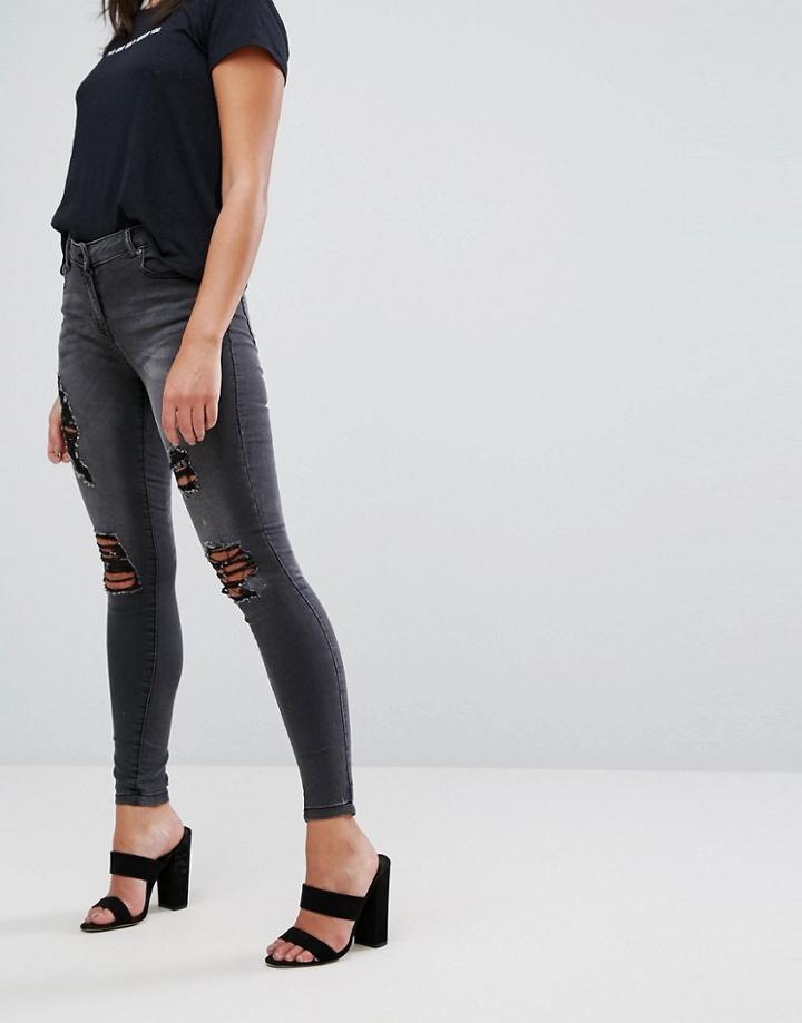Parisian Ripped Jeans With Lace - Gray