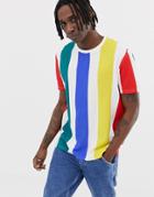 Asos Design Relaxed T-shirt With Thick Vertical Rainbow Stripe - White