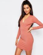 Missguided Ribbed Wrap Mini Dress - Rose