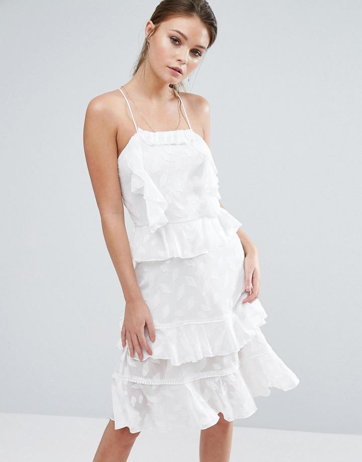 Dark Pink Burn Out Leaf Mini Dress With Ruffles And Strappy Back - White