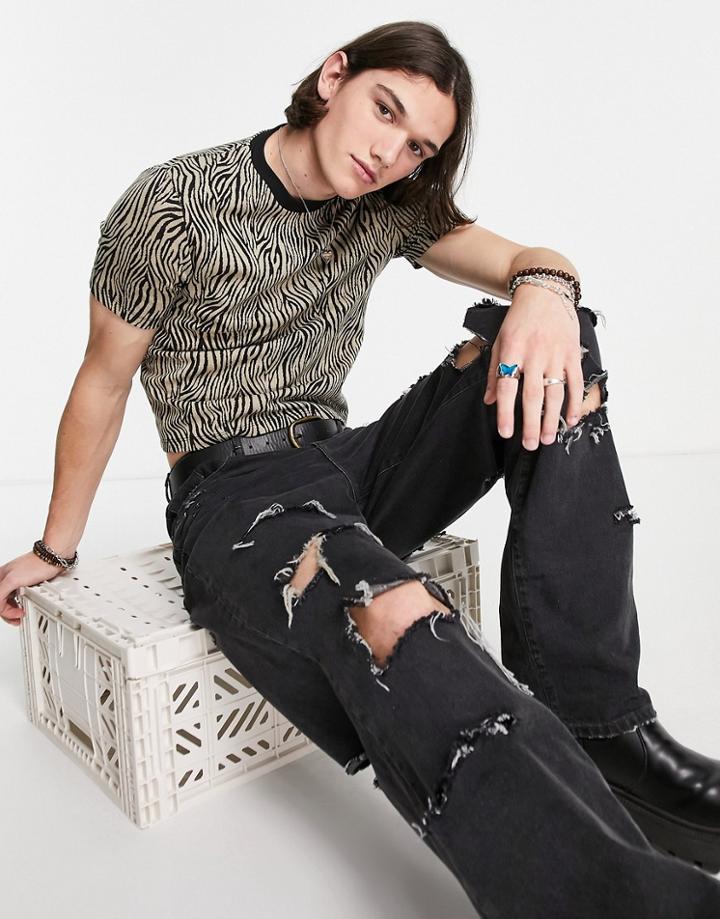 Asos Design Skinny Cropped T-shirt In Brown Jacquard
