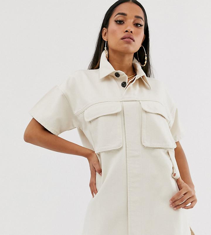 Asos Design Petite Denim Boxy Shirt Dress In Ecru - White