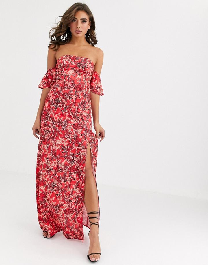 Koco & K Off Shoulder Midaxi Dress With Thigh Split In Red Leaf Print - Multi