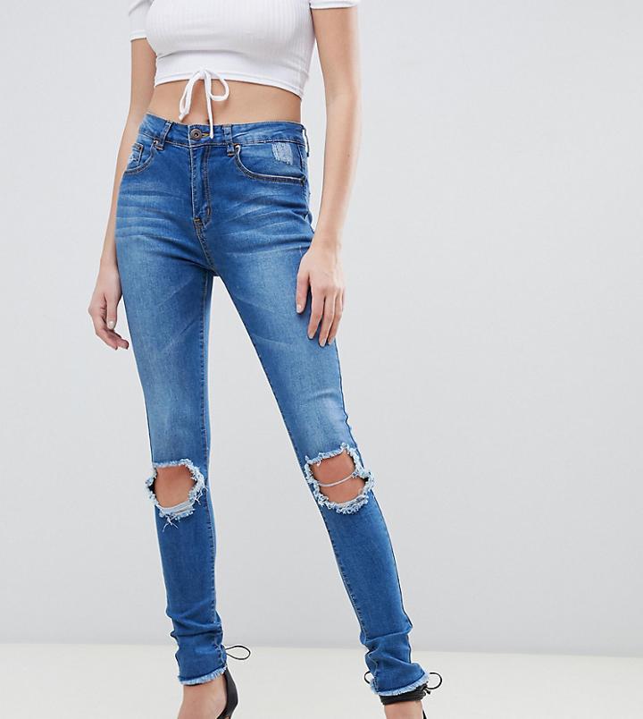 Liquor N Poke Tall Mid Rise Ripped Knee Skinny Jeans - Blue