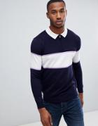 River Island Slim Fit Color Block Polo In Navy - Navy