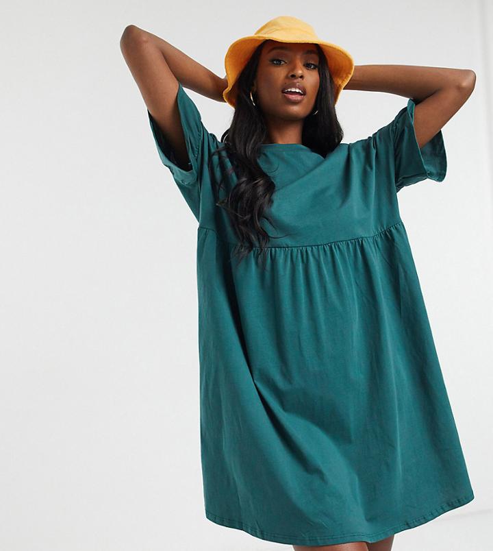 Asos Design Tall Oversized Frill Sleeve Smock Dress In Dark Green