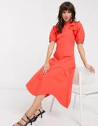 Lost Ink Midaxi Dress With Ruffle Shoulder In Cotton-red