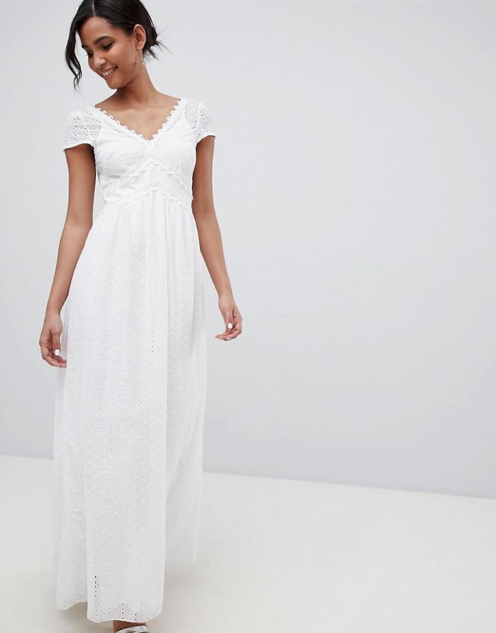 Little Mistress Allover Broderie Plunge Front Maxi Dress In White - White