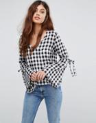 Influence Flare Sleeve V Neck Gingham Top - Black