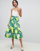 Asos Design Pep Hem Midi Skirt In Bloom Jacquard - Multi