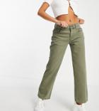 Asos Design Petite Low Rise Straight Leg Jean In Khaki-green