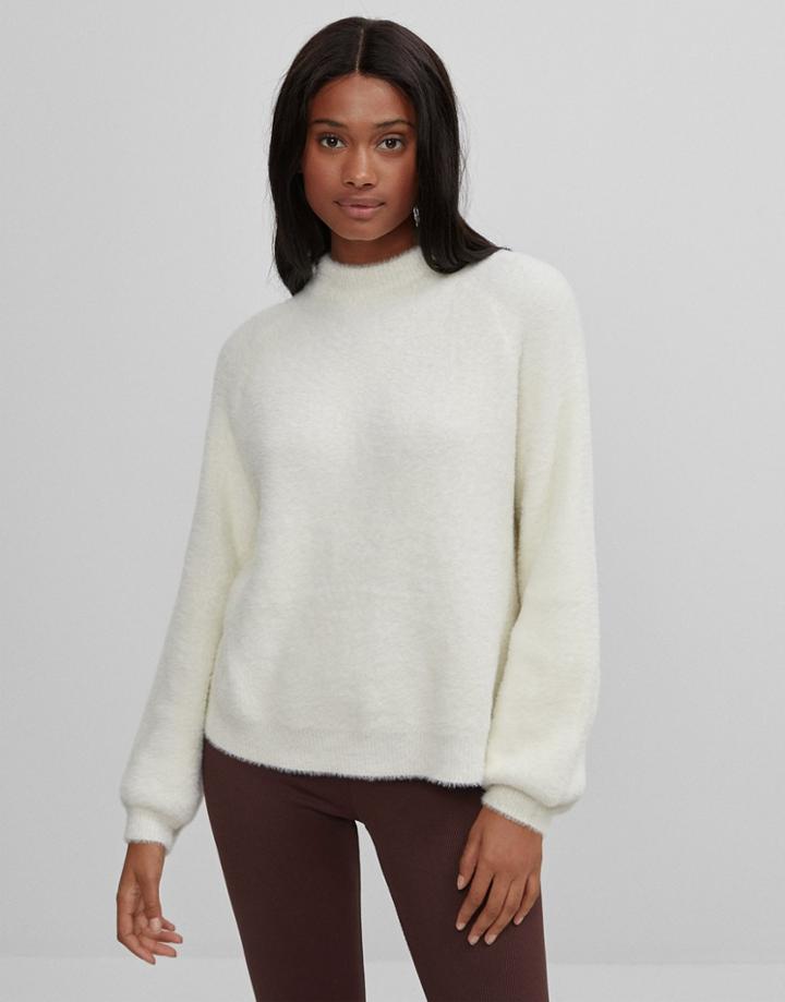 Bershka Fluffy Knit Sweater In Cream-white