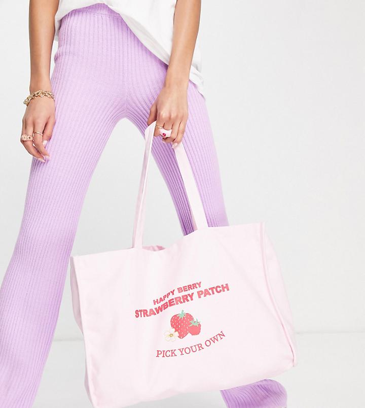 Daisy Street Exclusive Tote Bag With Strawberry Print In Pink
