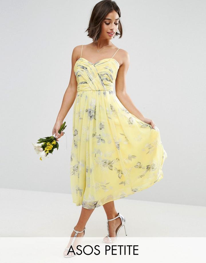 Asos Petite Wedding Rouched Midi Dress In Sunshine Floral Print - Yell