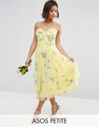 Asos Petite Wedding Rouched Midi Dress In Sunshine Floral Print - Yell