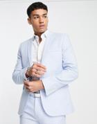 Asos Design Wedding Super Skinny Suit Jacket In Linen Mix Blue Puppytooth Plaid