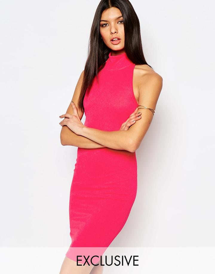 Club L Crepe High Neck Dress - Super Hot Pink