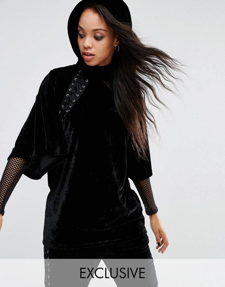 Story Of Lola Oversized Hoodie With Lace Up Detail In Velour - Black