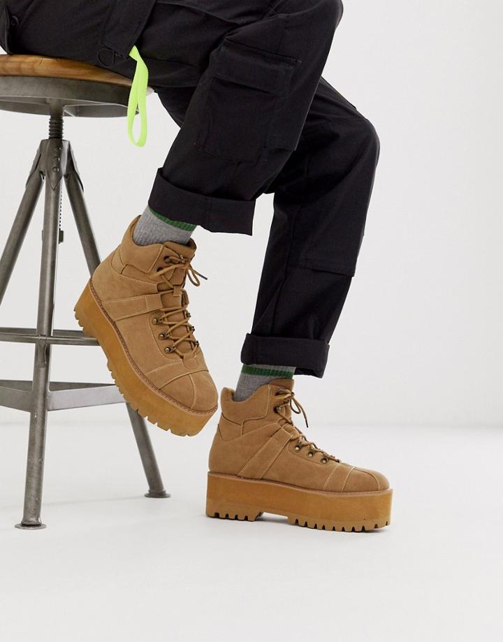 Asos Design Lace Up Boots In Tan Faux Suede With Chunky Platform Sole-stone