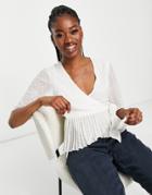 Asos Design Textured Wrap Short Sleeve Blouse With Pleated Peplum Hem In Ivory-white