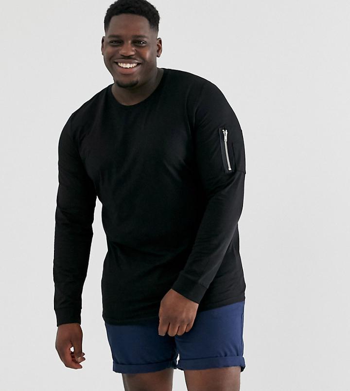 Asos Design Plus Long Sleeve T-shirt With Ma1 Zip Sleeve Pocket In Black
