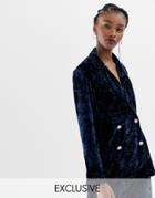 Reclaimed Vintage Inspired Tux Jacket In Velvet With Vintage Button Detail - Navy