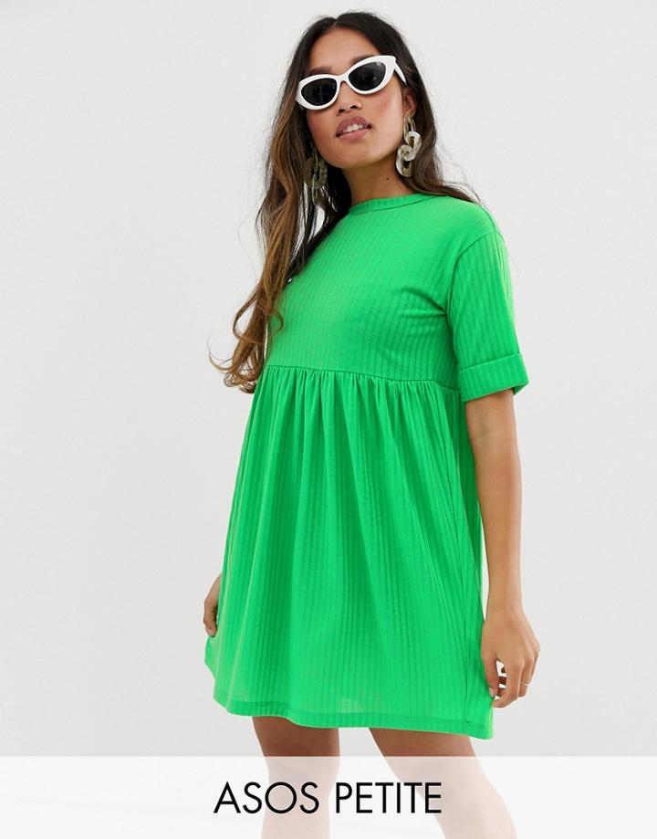 Asos Design Petite Roll Sleeved Rib Jersey Smock Dress - Green