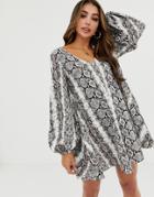 Asos Design Textured Mini V Neck Swing Dress In Snake Print - Multi