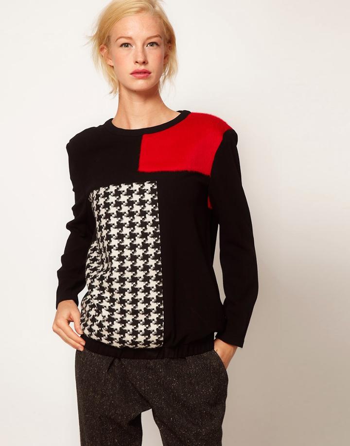Asos Sweat With Dogtooth And Faux Fur Panel - Multi