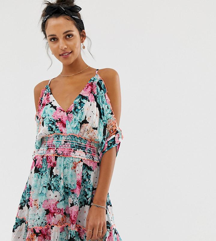 River Island Beach Dress With Cold Shoulder In Floral Print - Blue