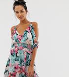 River Island Beach Dress With Cold Shoulder In Floral Print - Blue