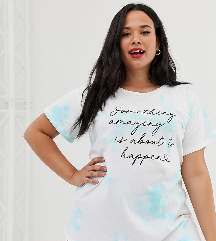 New Look Curve Tie Dye Slogan Tee In Blue - White