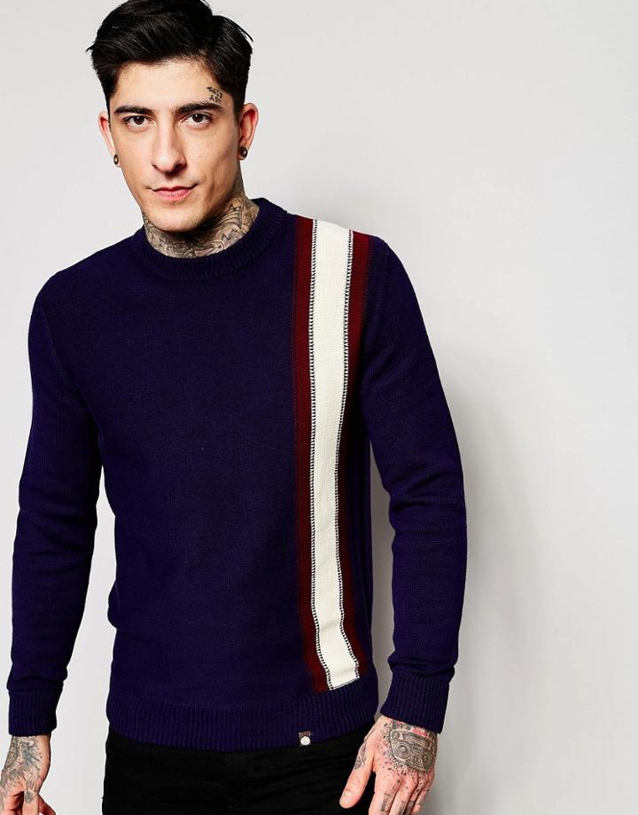 Pretty Green Sweater With Bold Horizontal Stripe - Navy