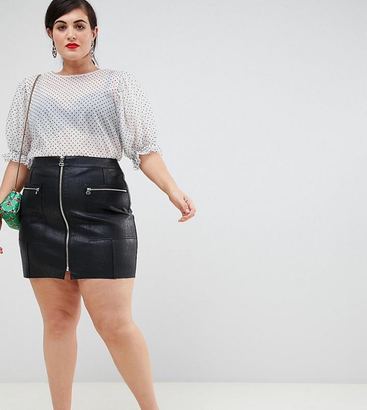 River Island Plus A-line Faux Leather Mini Skirt With Zip Front In Black - Black