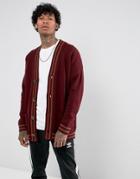 Asos Oversized Textured Cardigan In Burgundy With Mustard Piping - Purple